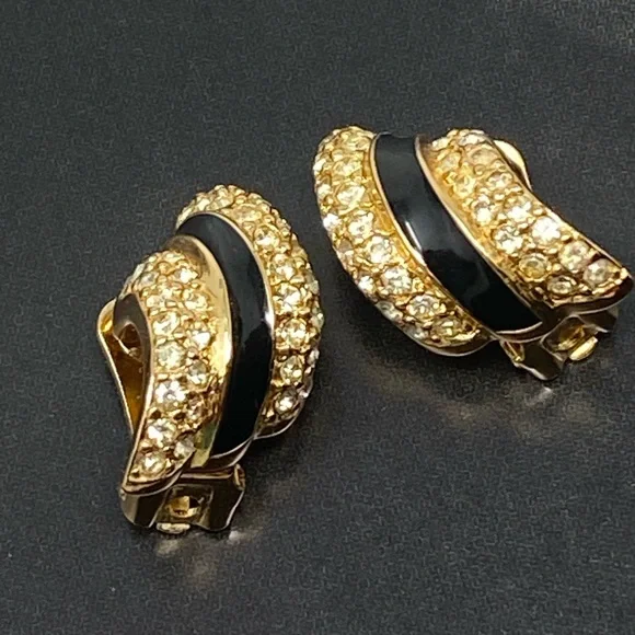 Christian DIOR Vintage earrings with crystals and black enamel - Picture 3 of 15